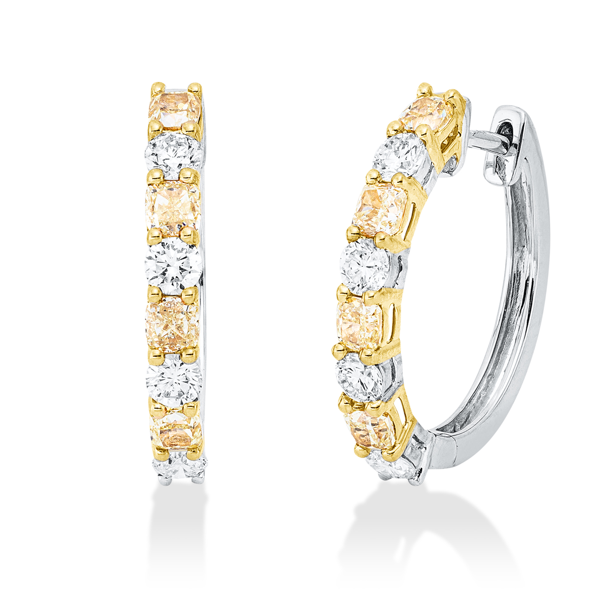 diamond full cut fancy colored diamond hoops & huggies in white gold / yellow gold