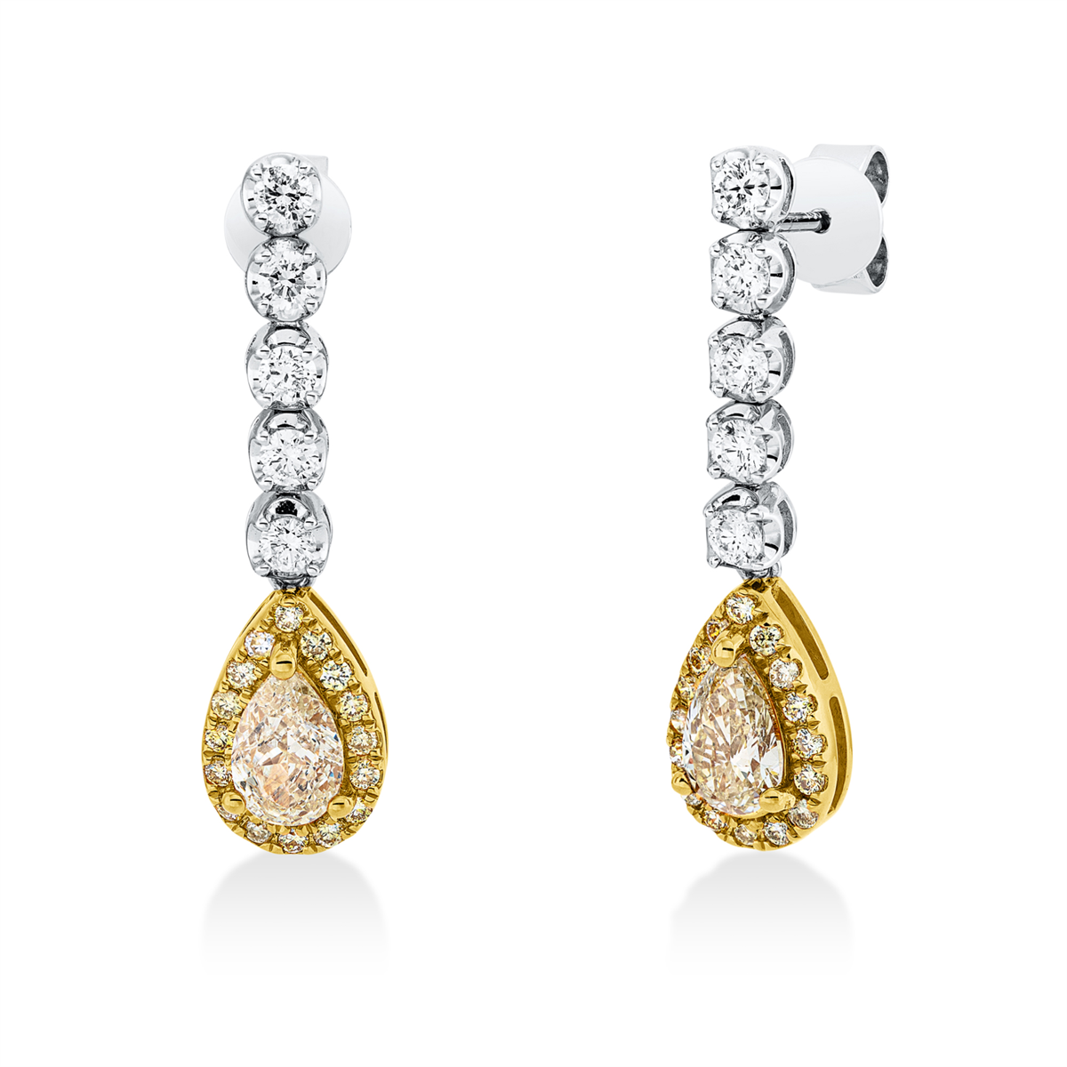 diamond full cut fancy colored diamond earrings in white gold / yellow gold