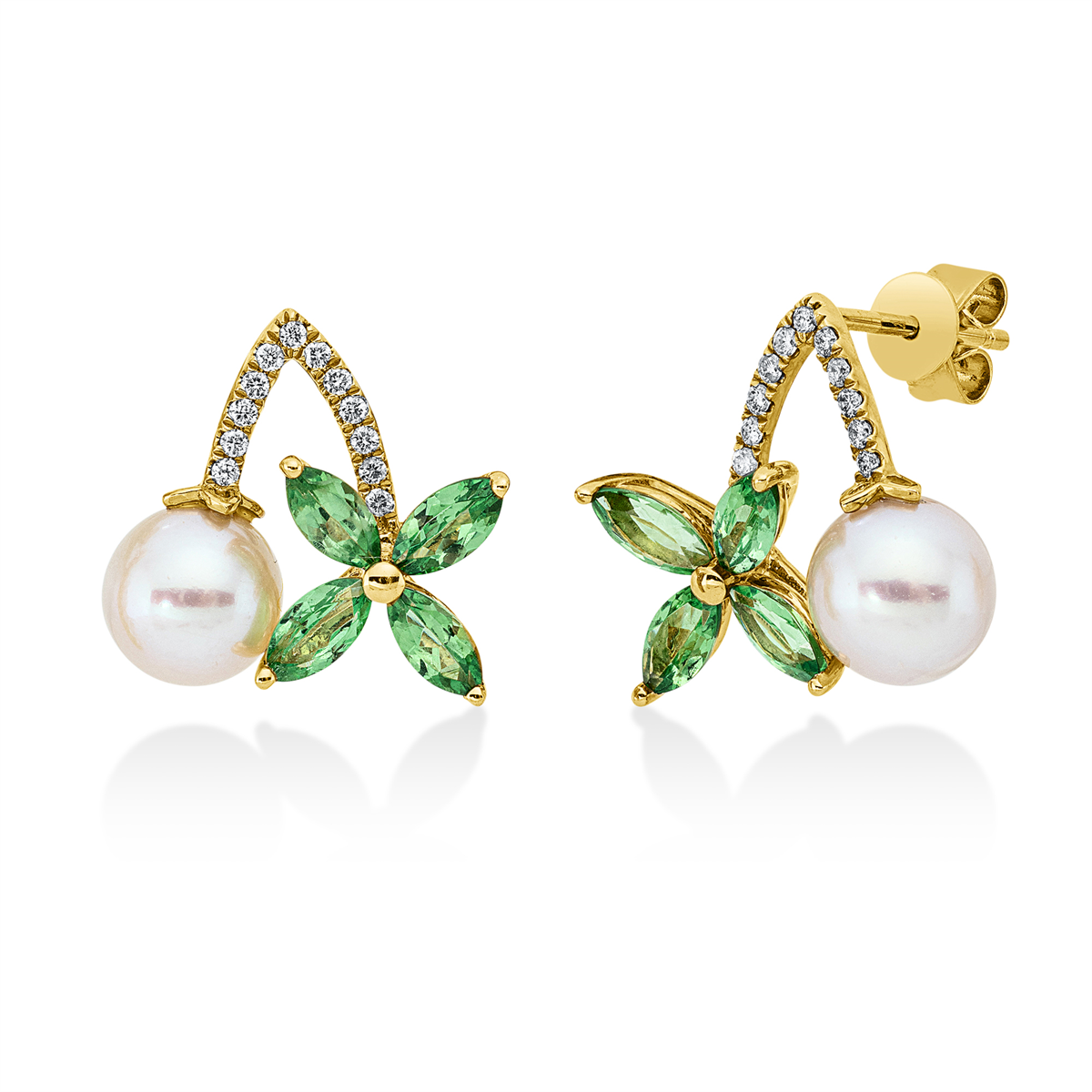 diamond full cut tsavorite pearl studs in yellow gold