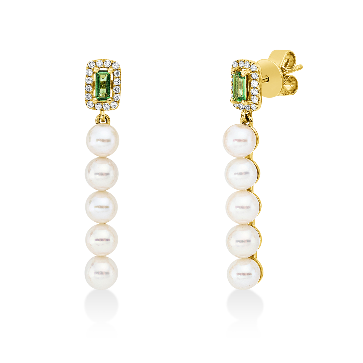 diamond full cut tsavorite pearl earrings in yellow gold