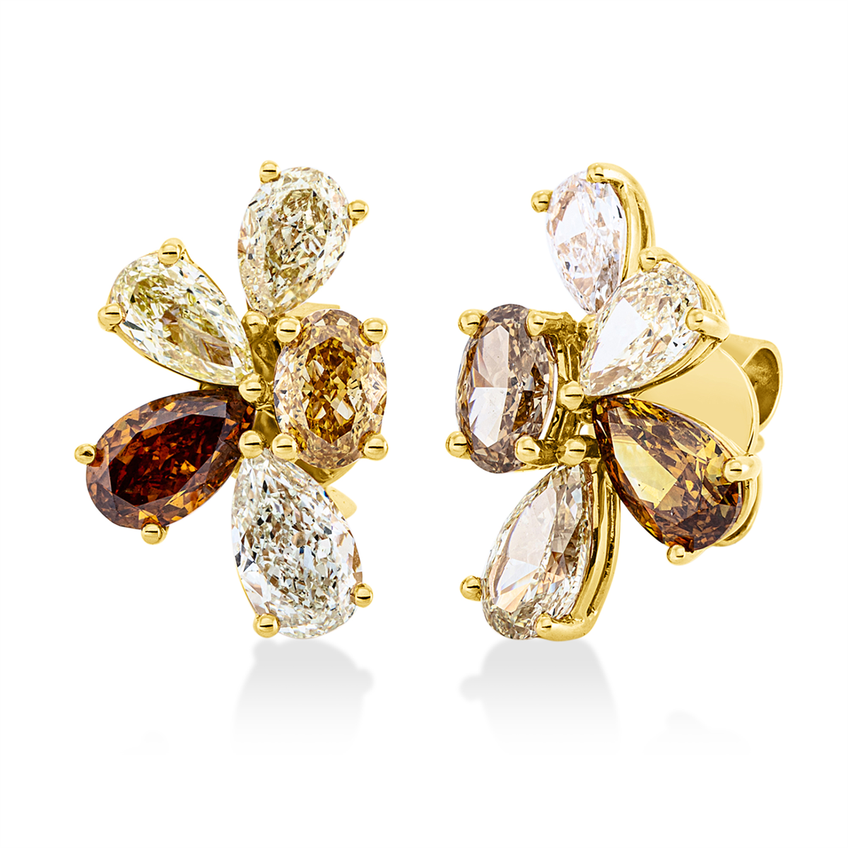 fantasy-cut fancy colored diamond studs in yellow gold