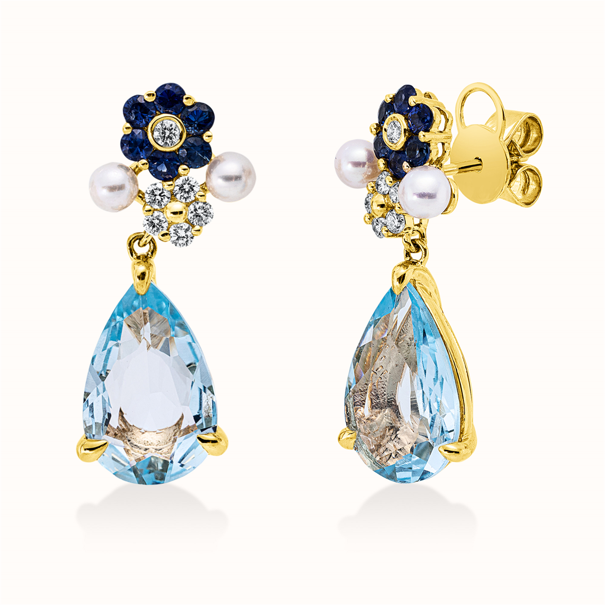 diamond full cut sapphire colored stone fashion earrings in yellow gold