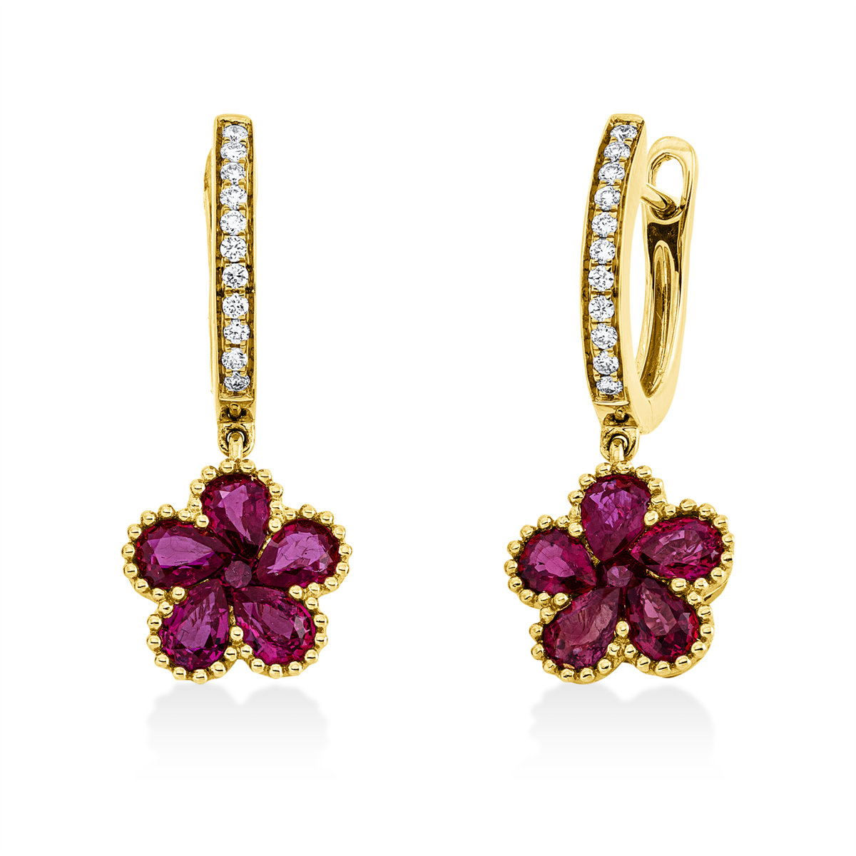 diamond full cut ruby colored stone classic earrings in yellow gold