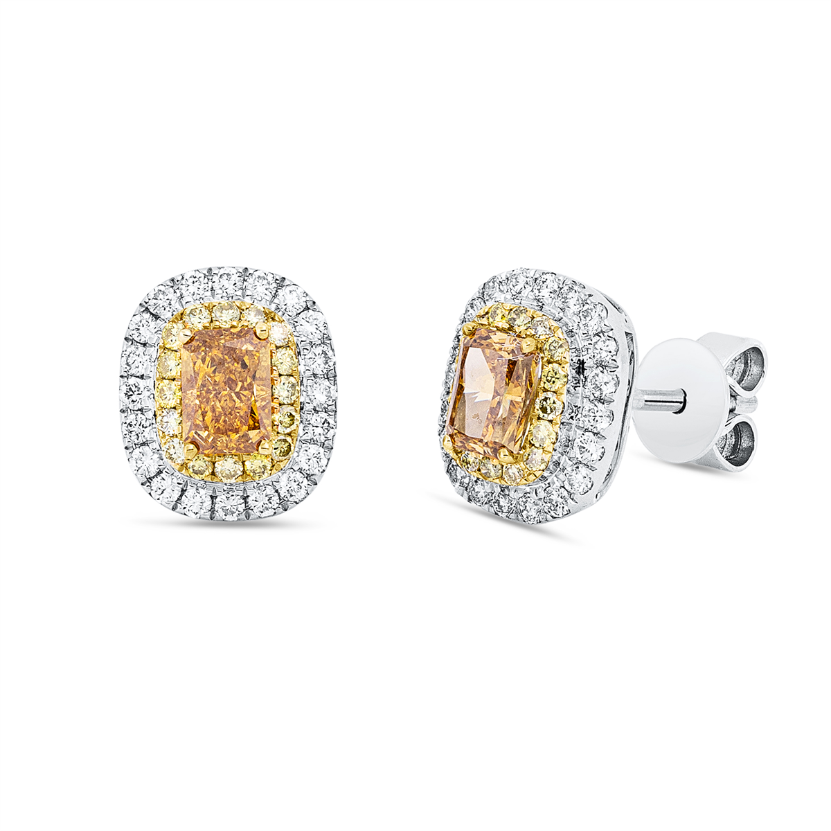 diamond full cut fancy colored diamond studs in white gold / yellow gold