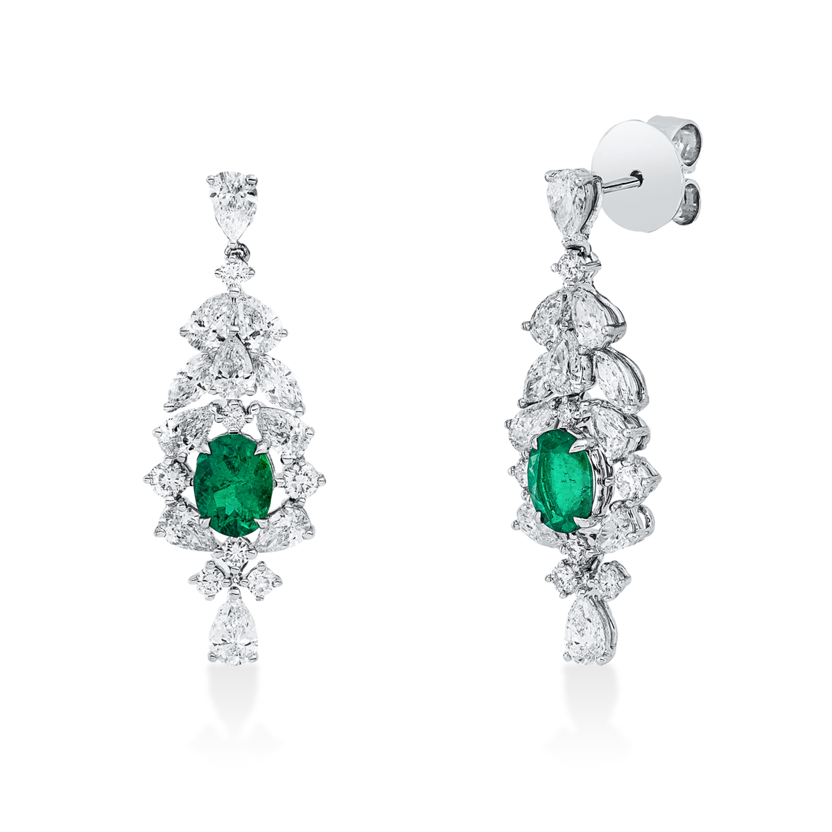 diamond full cut emerald colored stone classic earrings in white gold