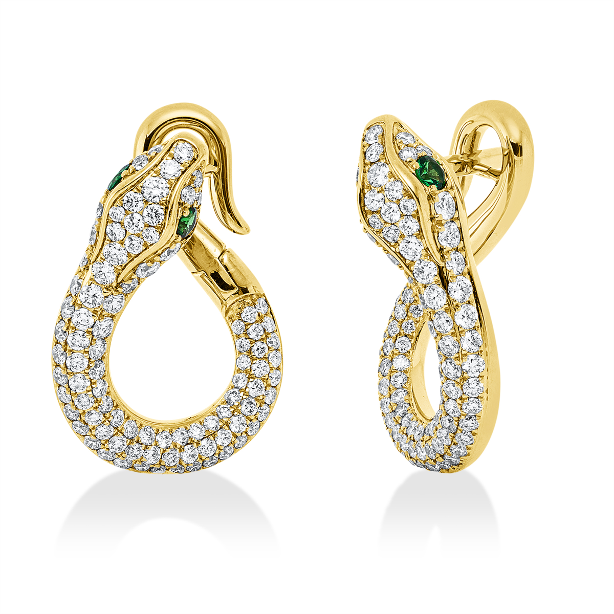 diamond full cut tsavorite animal earrings in yellow gold