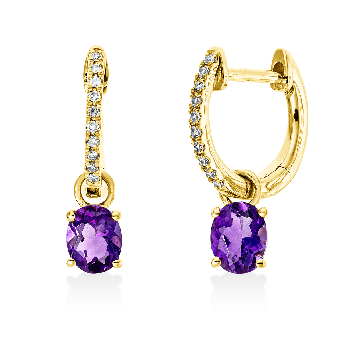 diamond full cut amethyst colored stone fashion earrings in yellow gold