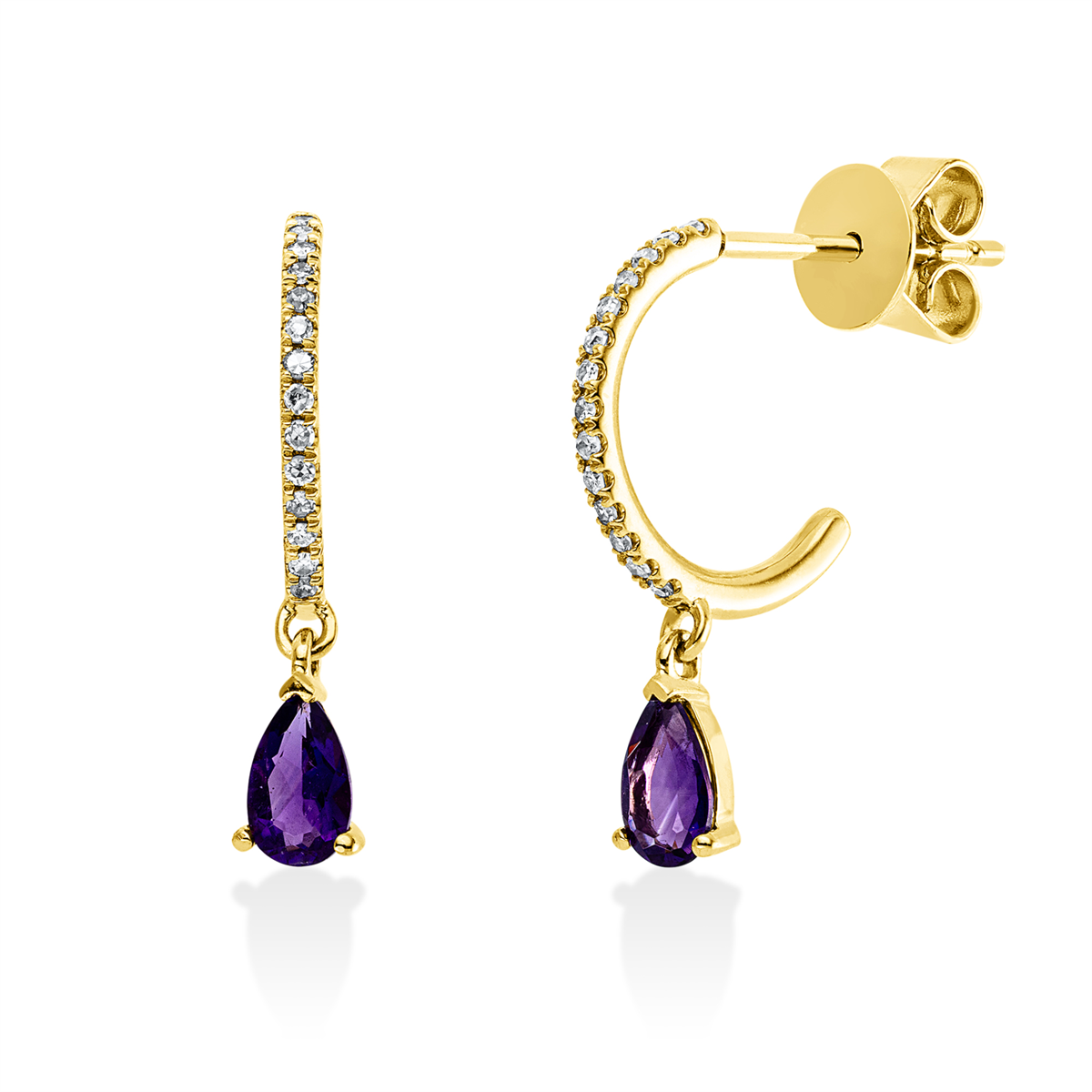 diamond full cut amethyst colored stone fashion earrings in yellow gold