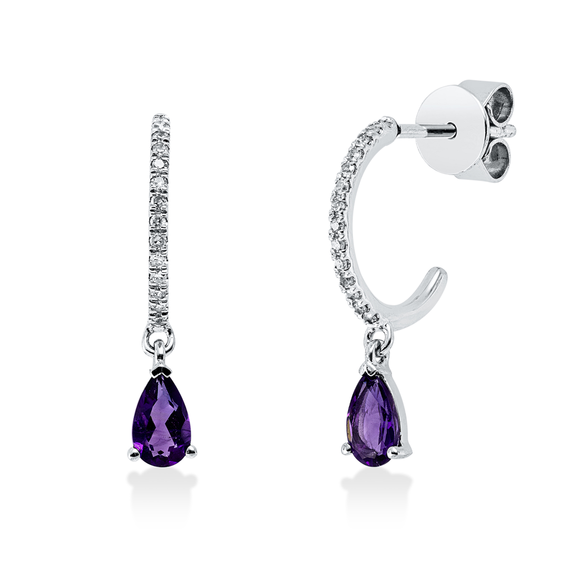 diamond single cut amethyst colored stone fashion earrings in white gold