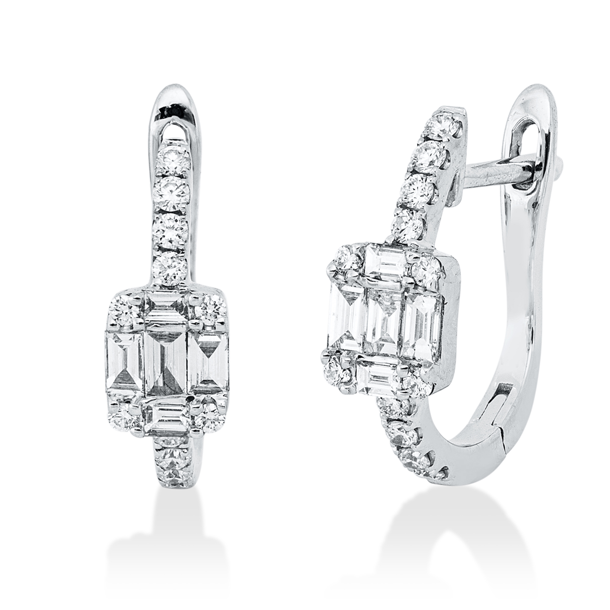 diamond full cut baguette illusion hoops & huggies in white gold