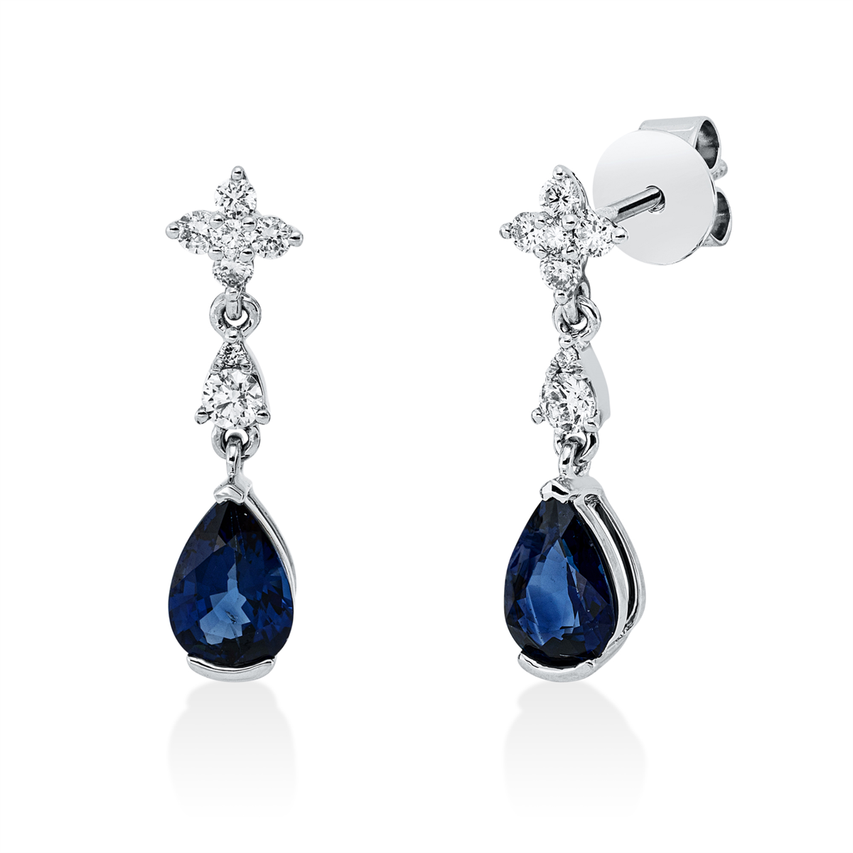 diamond full cut sapphire colored stone classic earrings in white gold