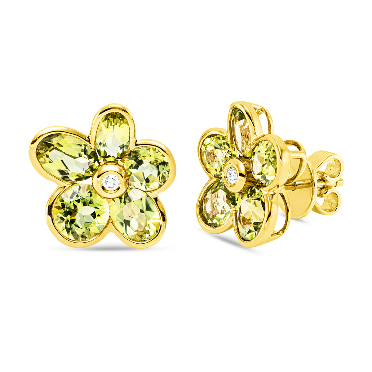 diamond full cut peridot colored stone fashion studs in yellow gold