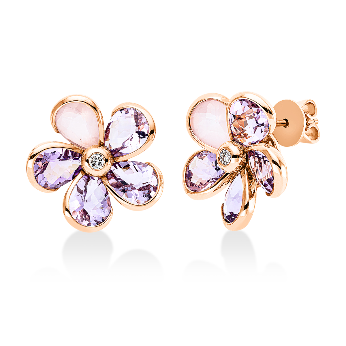 diamond full cut rose quartz colored stone fashion studs in red gold