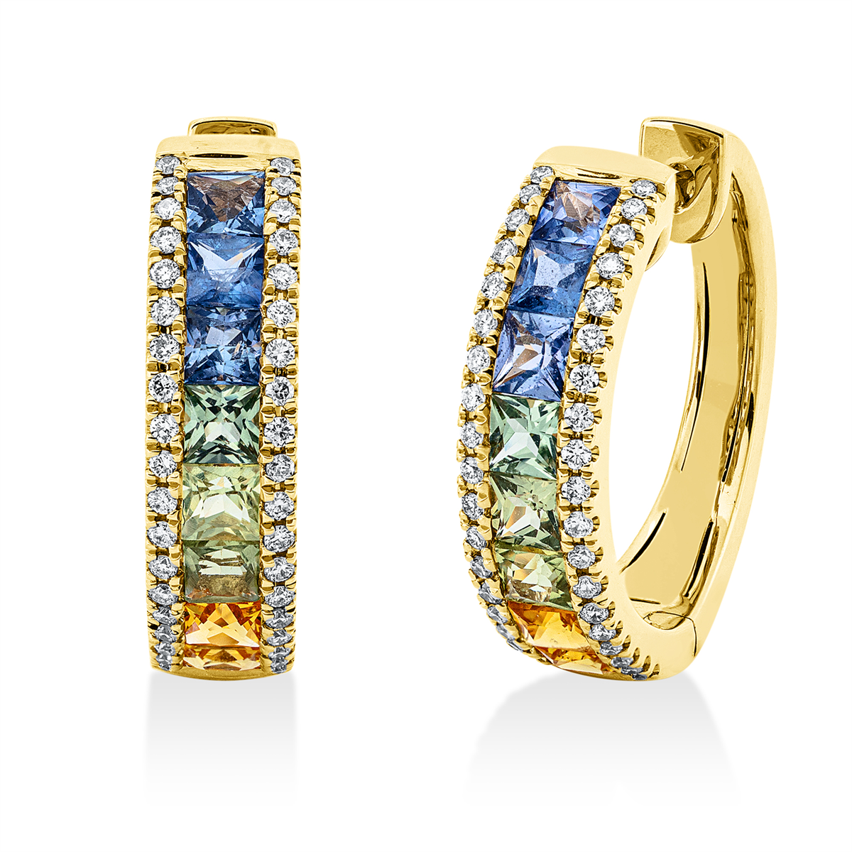 diamond full cut sapphire rainbow & multicolor hoops & huggies in yellow gold