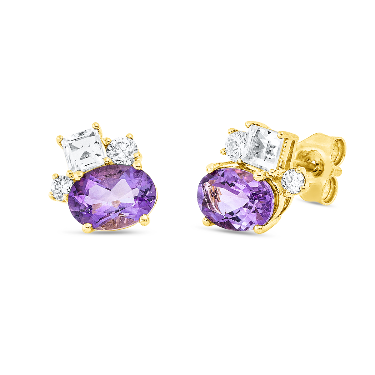 diamond full cut aquamarine colored stone fashion studs in yellow gold