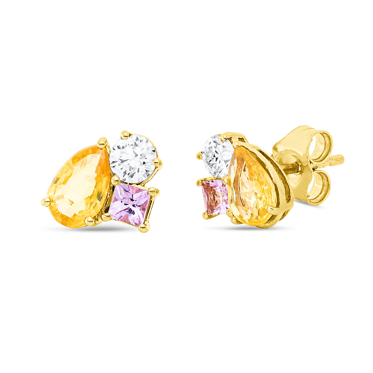 diamond full cut sapphire colored stone classic studs in yellow gold
