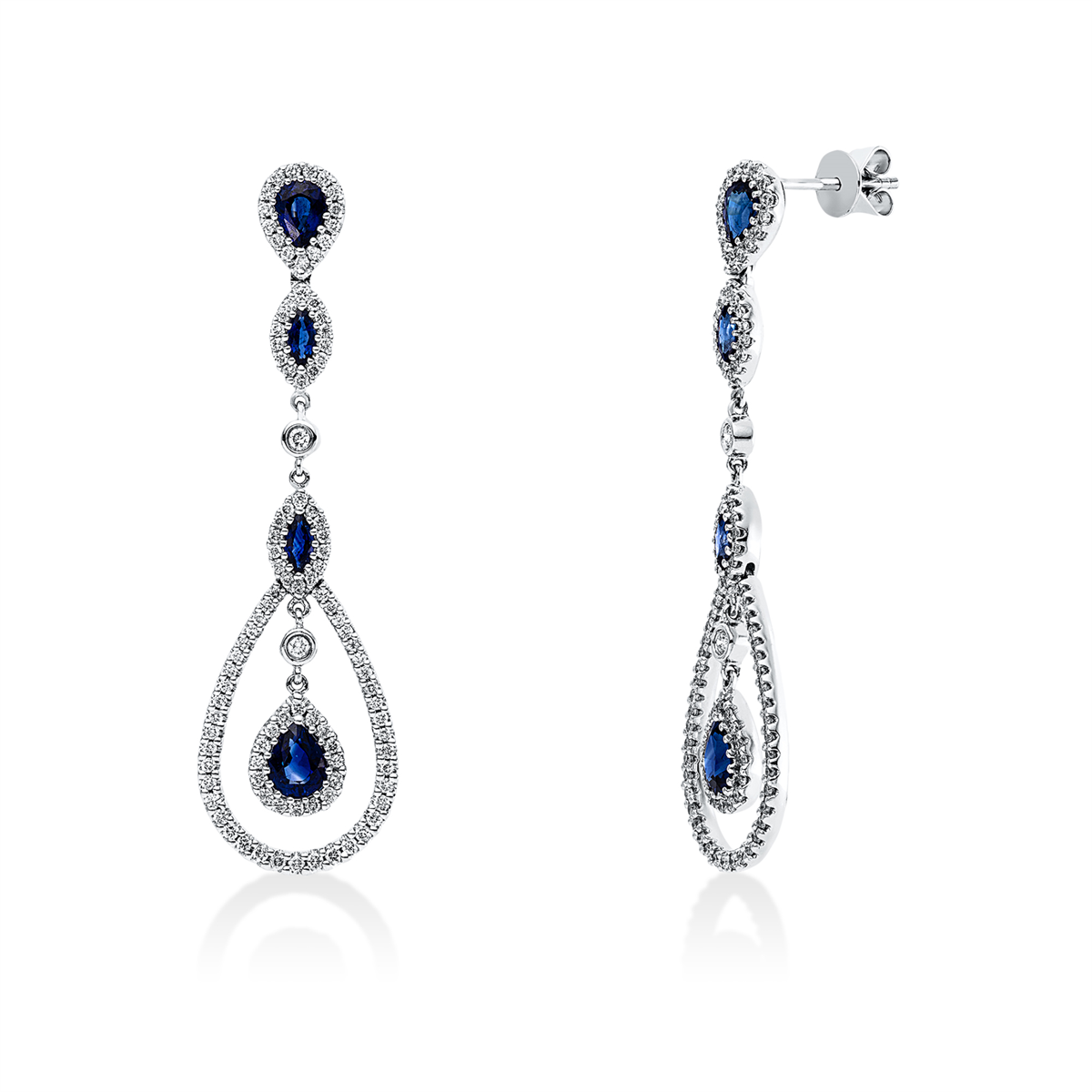 diamond full cut sapphire colored stone classic earrings in white gold