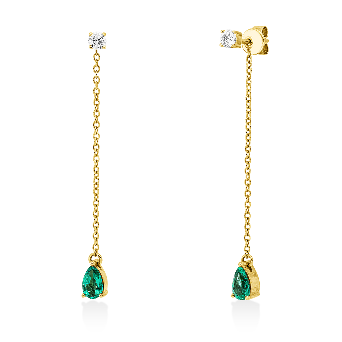 diamond full cut emerald colored stone classic earrings in yellow gold