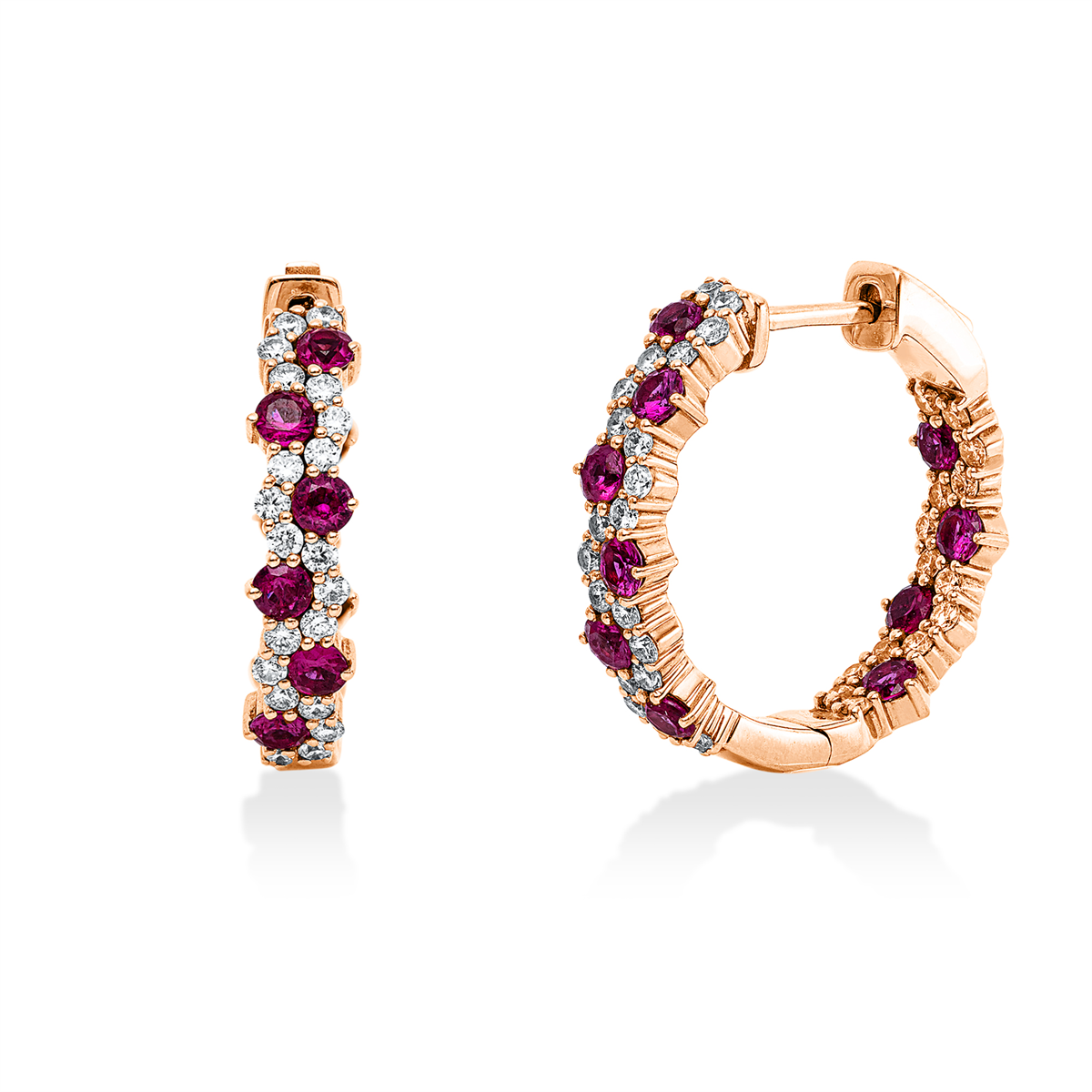 diamond full cut ruby colored stone classic hoops & huggies in red gold