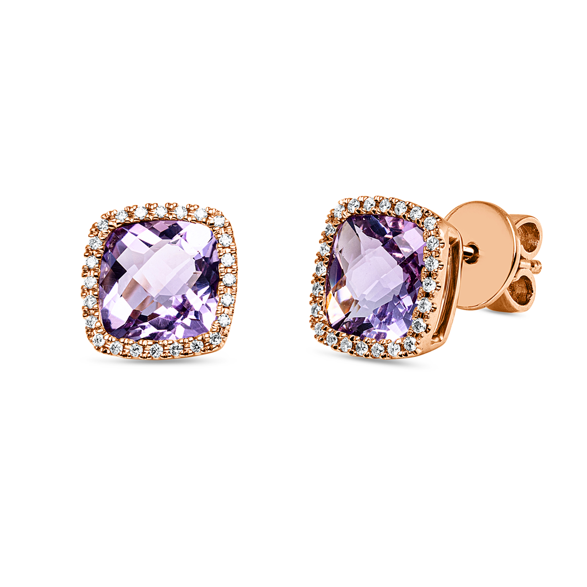 diamond full cut amethyst colored stone fashion studs in red gold