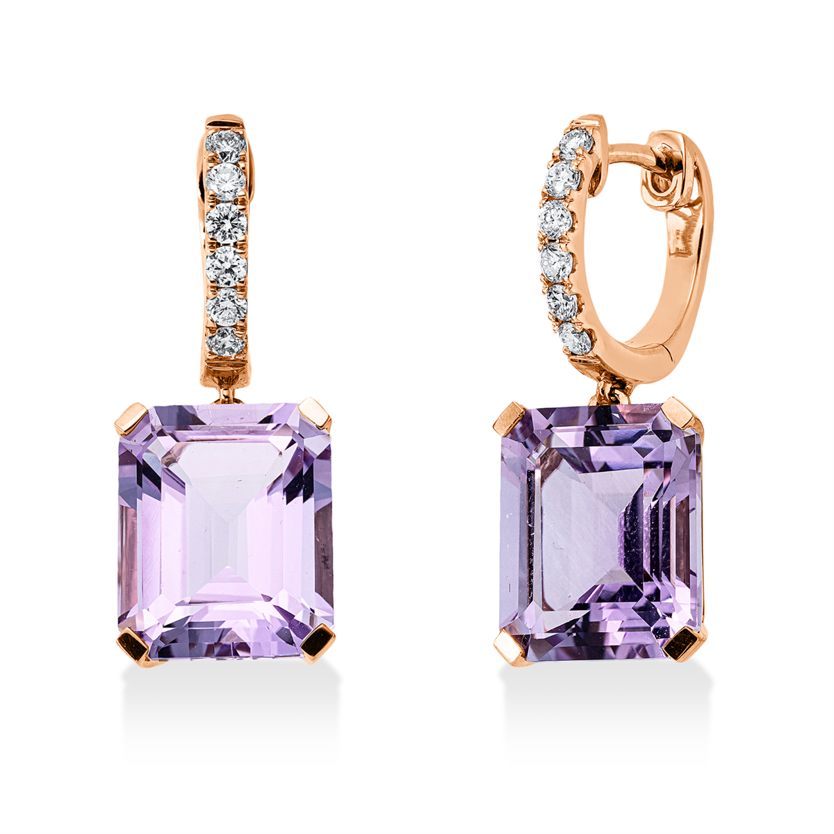 diamond full cut amethyst colored stone fashion earrings in red gold