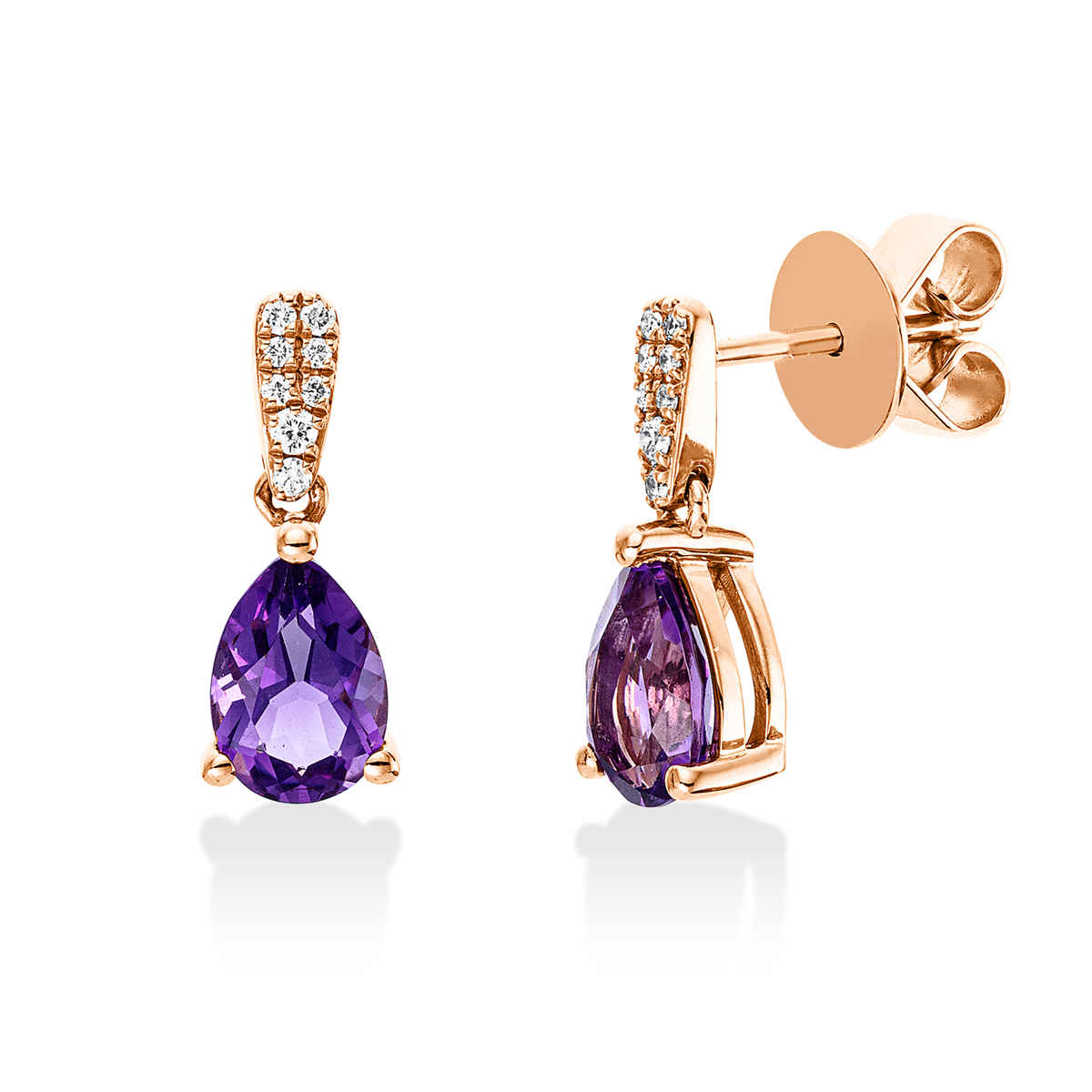 diamond full cut amethyst colored stone fashion earrings in red gold