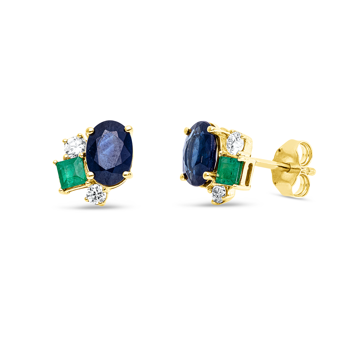 diamond full cut emerald colored stone classic studs in yellow gold