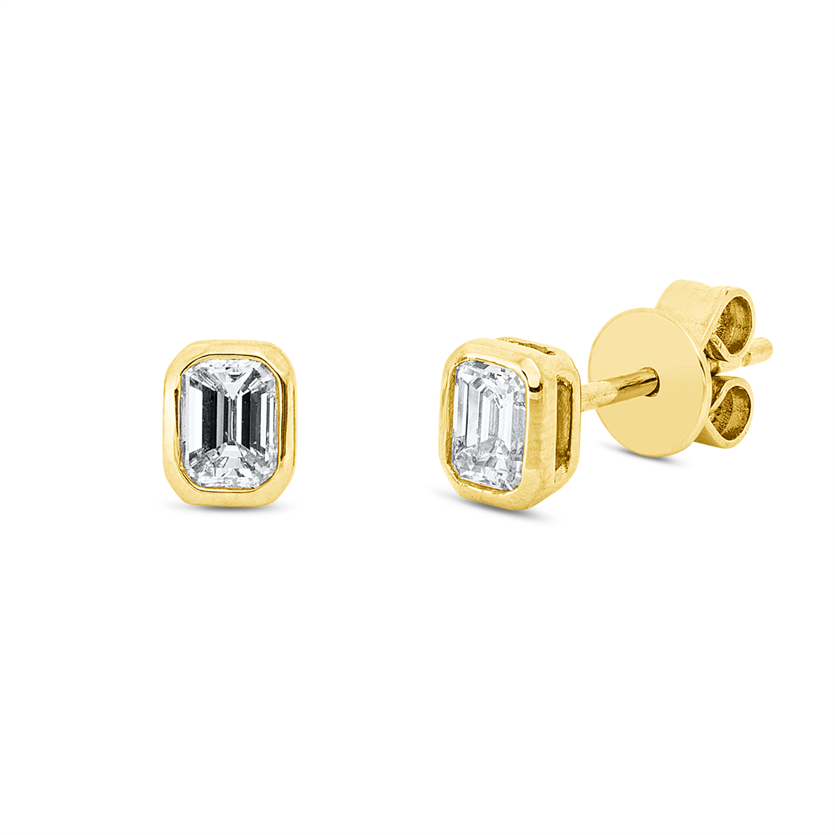 emerald cut solitaire studs in yellow gold