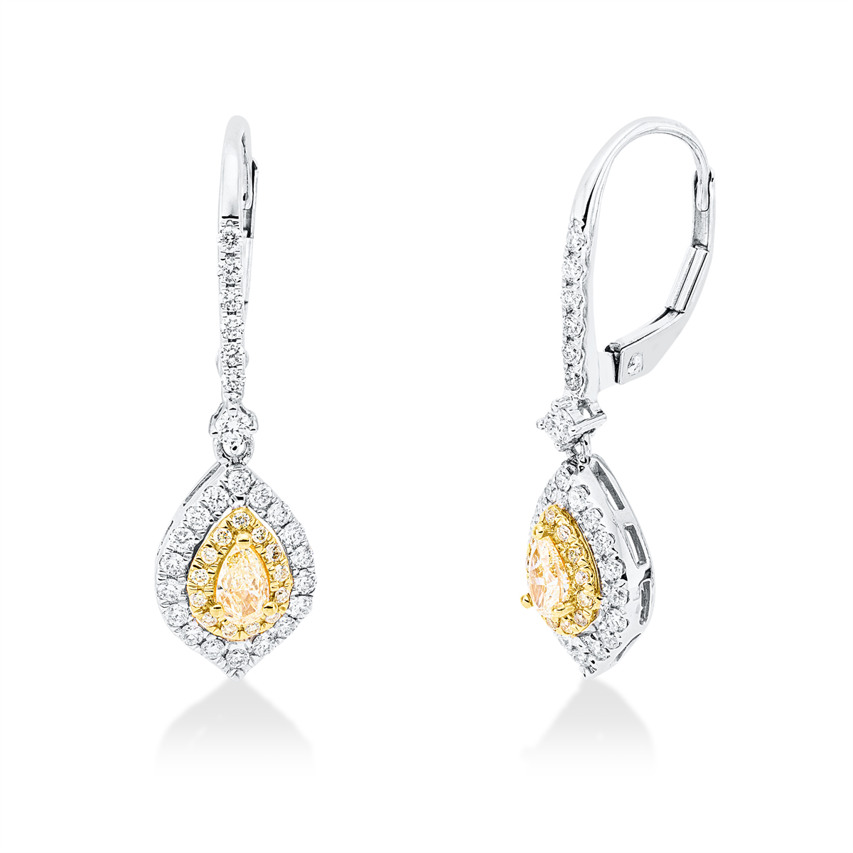 diamond full cut fancy colored diamond earrings in white gold / yellow gold