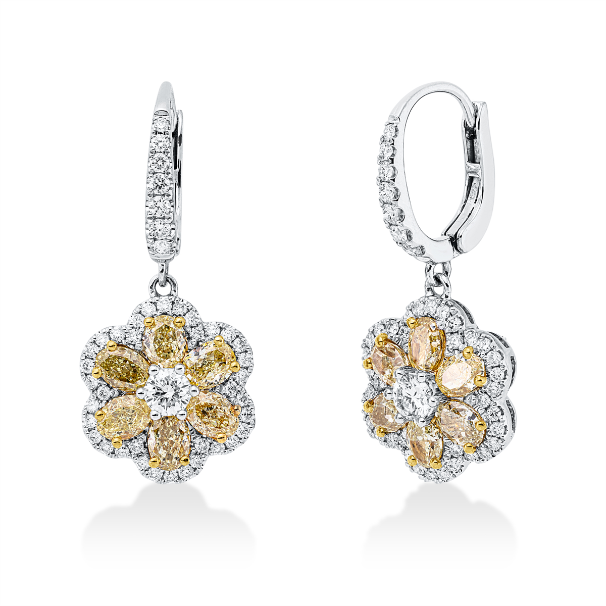 diamond full cut fancy colored diamond earrings in white gold / yellow gold