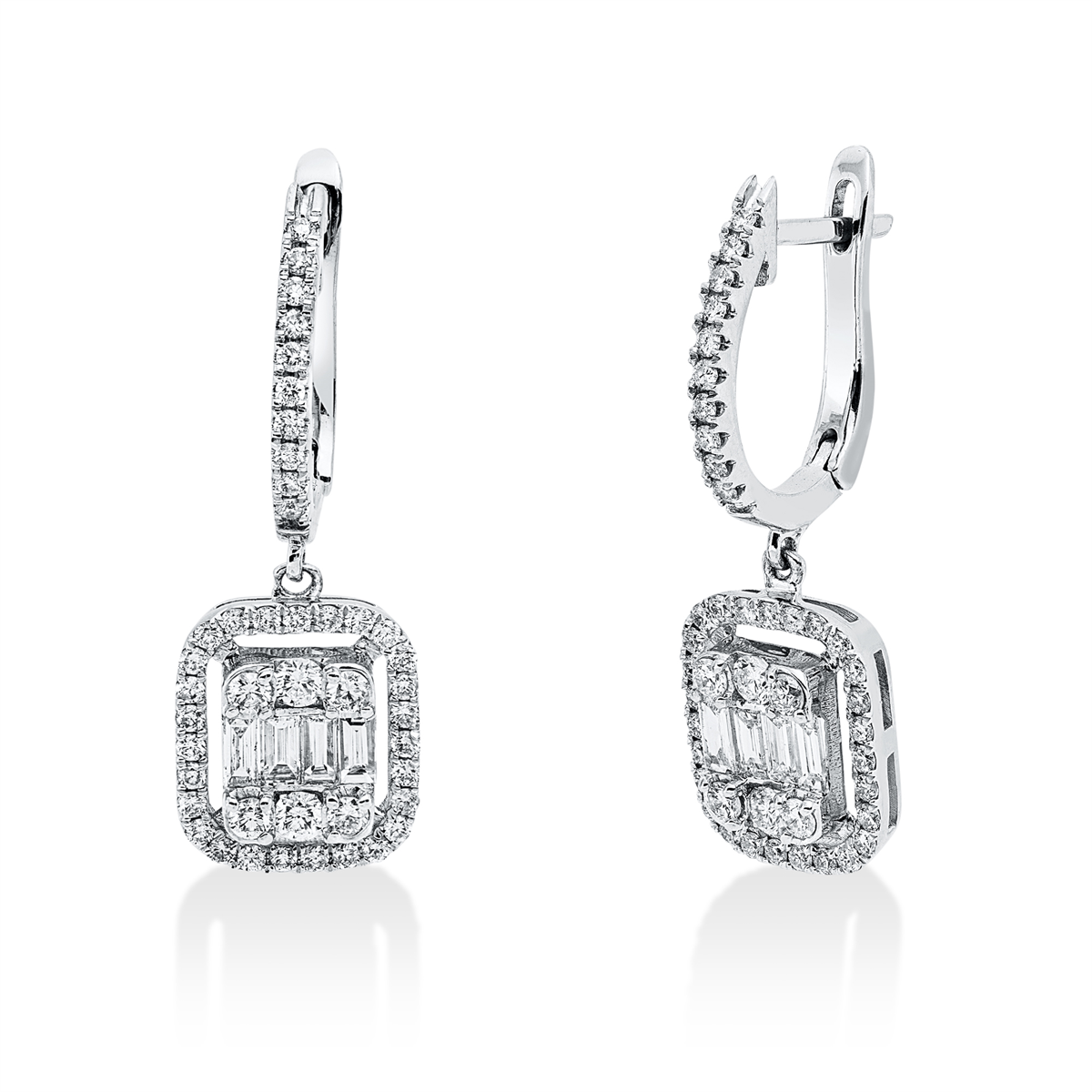 diamond full cut baguette illusion earrings in white gold