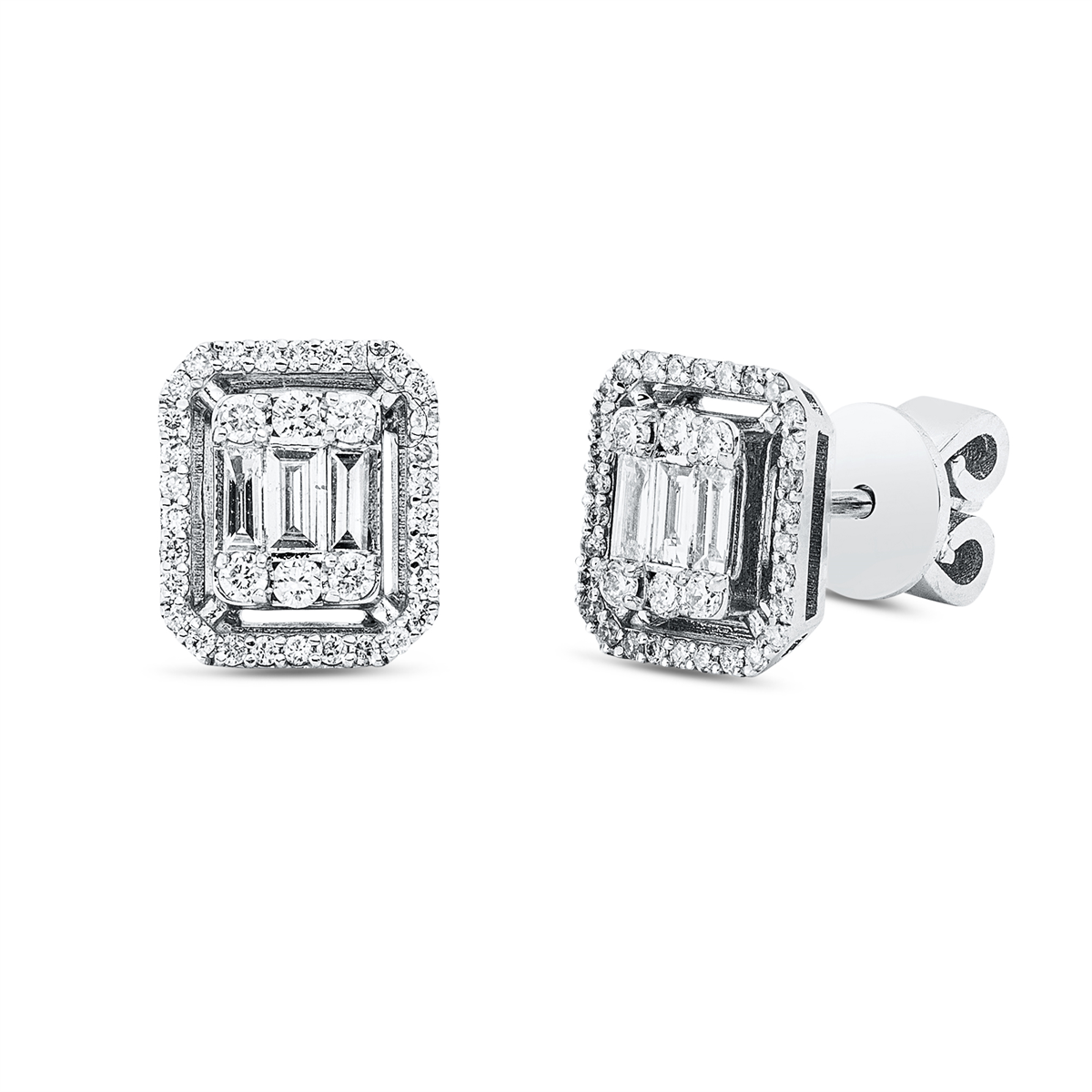 diamond full cut baguette illusion studs in white gold