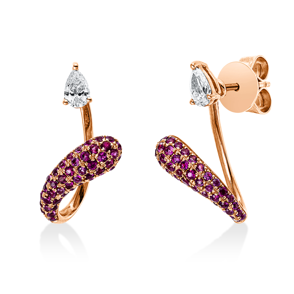 pear shape ruby colored stone classic studs in red gold