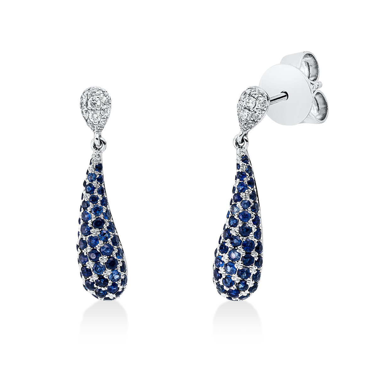 diamond full cut sapphire colored stone classic earrings in white gold