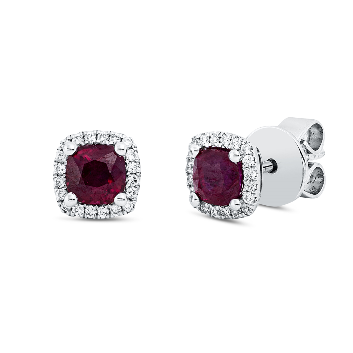 diamond full cut ruby colored stone classic studs in white gold