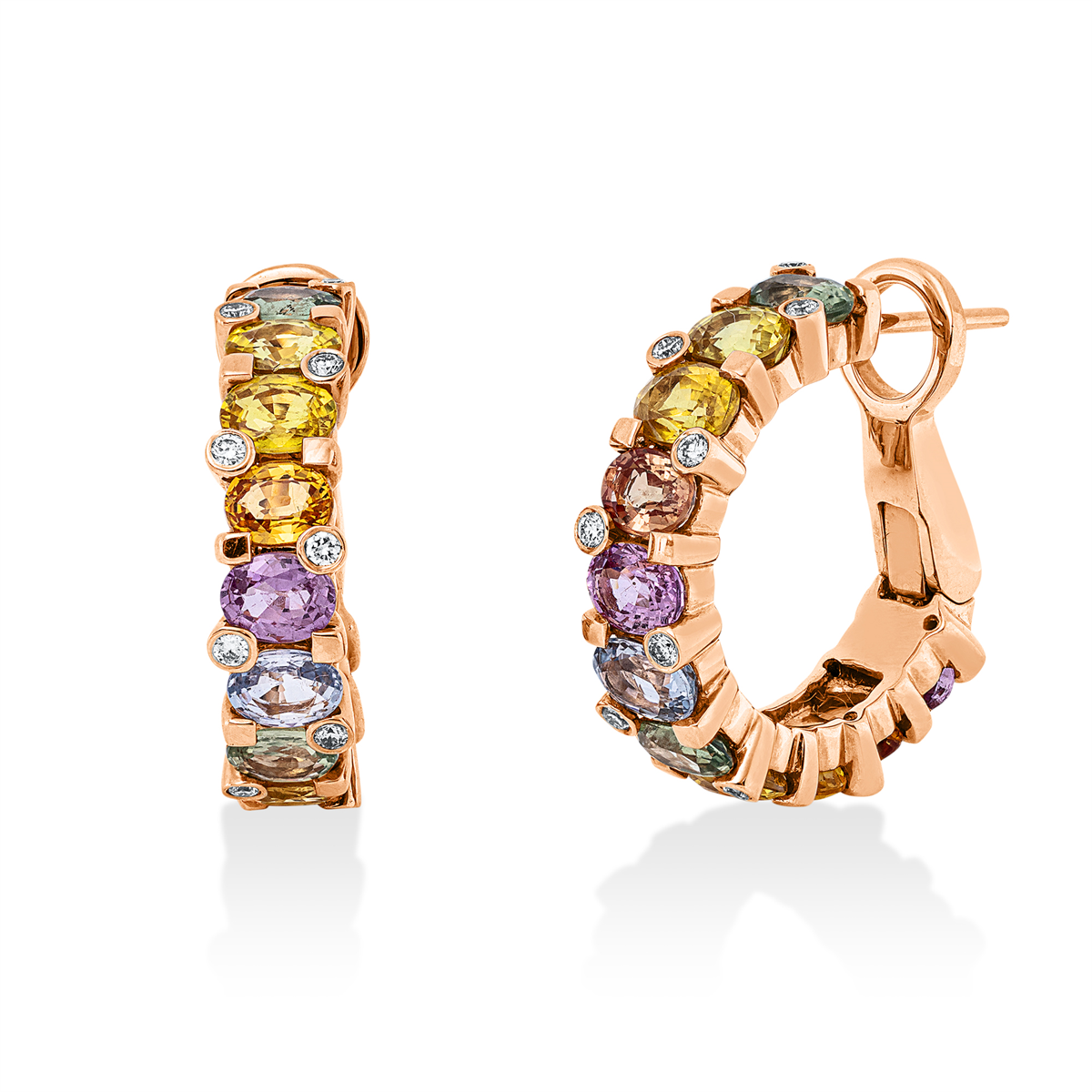 diamond full cut sapphire colored stone classic hoops & huggies in red gold