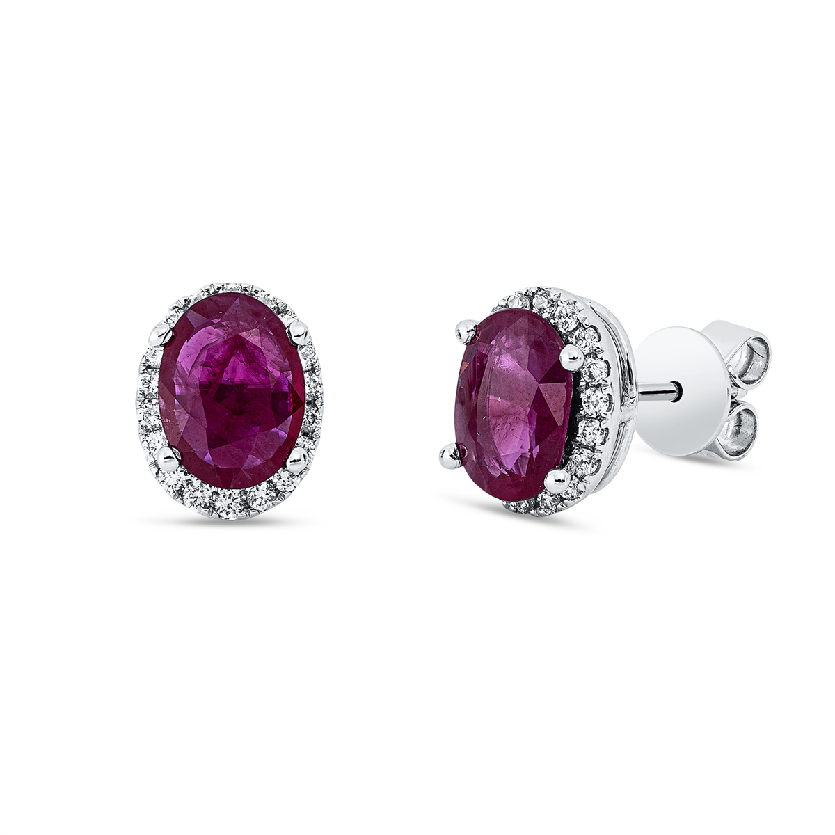 diamond full cut ruby colored stone classic studs in white gold