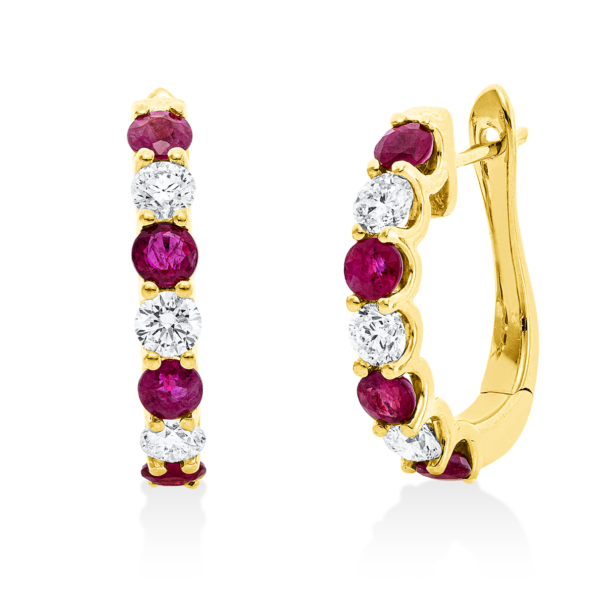 diamond full cut ruby colored stone classic hoops & huggies in yellow gold