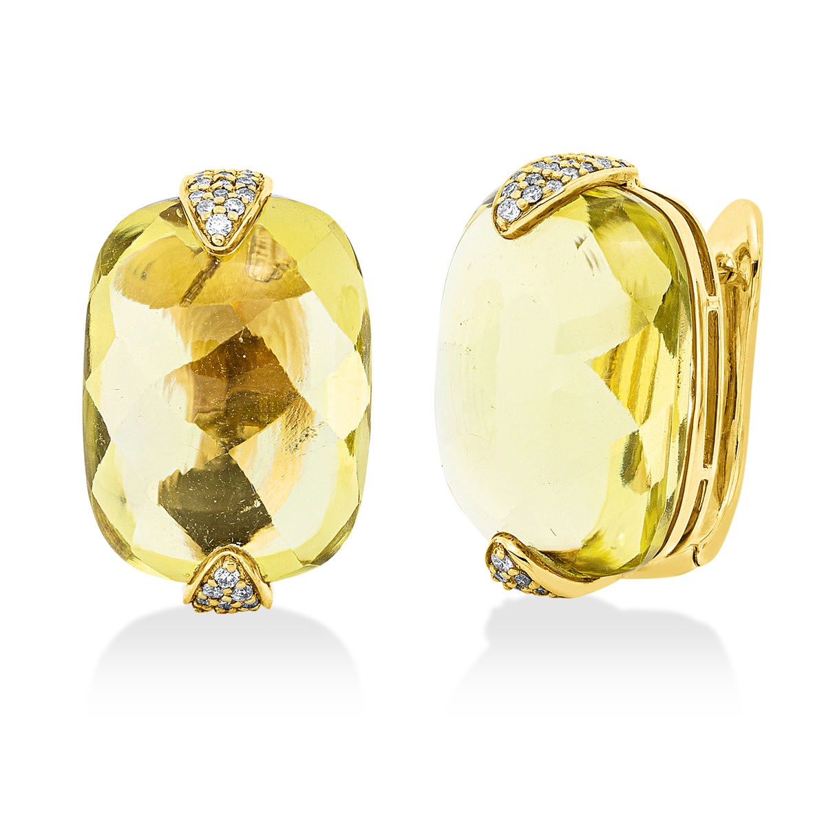 diamond full cut lemon quartz colored stone fashion hoops & huggies in yellow gold