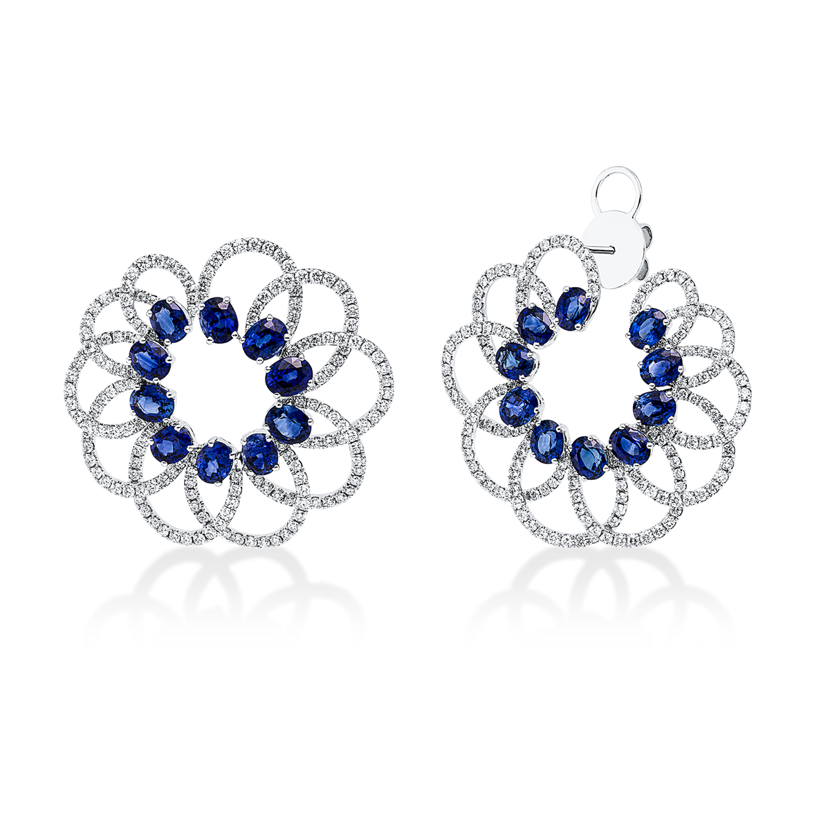 diamond full cut sapphire colored stone classic earrings in white gold