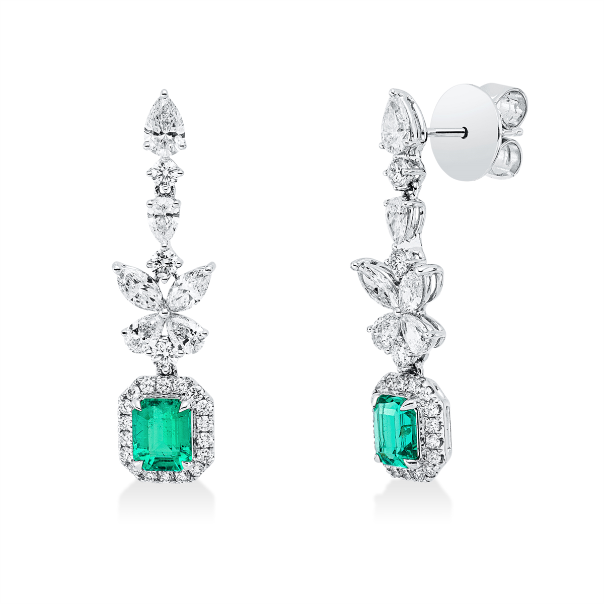 pear shape emerald colored stone classic earrings in white gold
