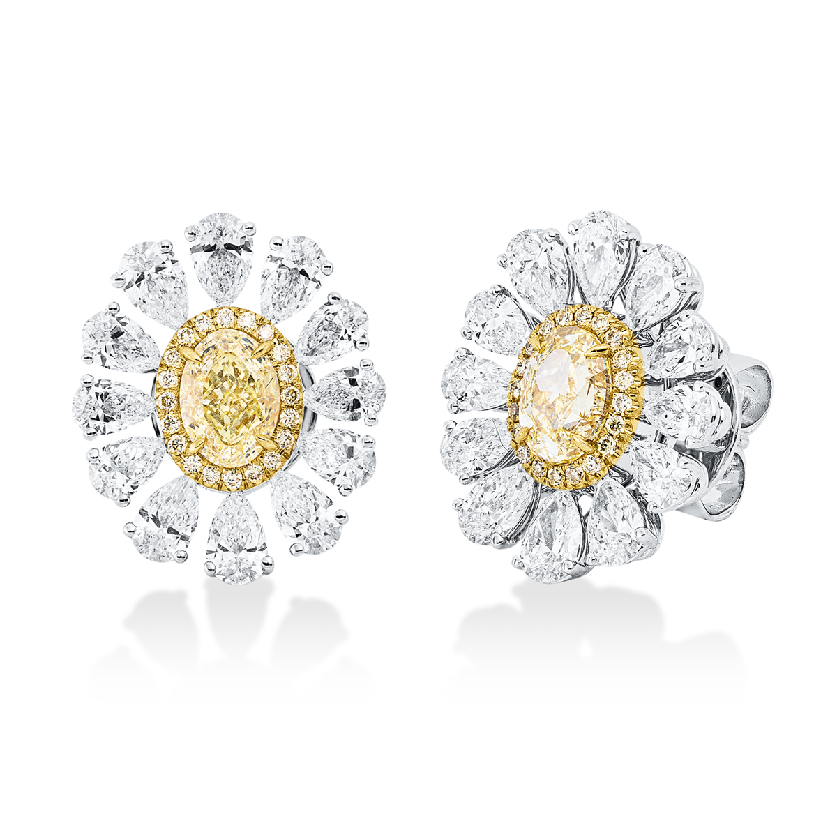 oval fancy colored diamond studs in white gold / yellow gold