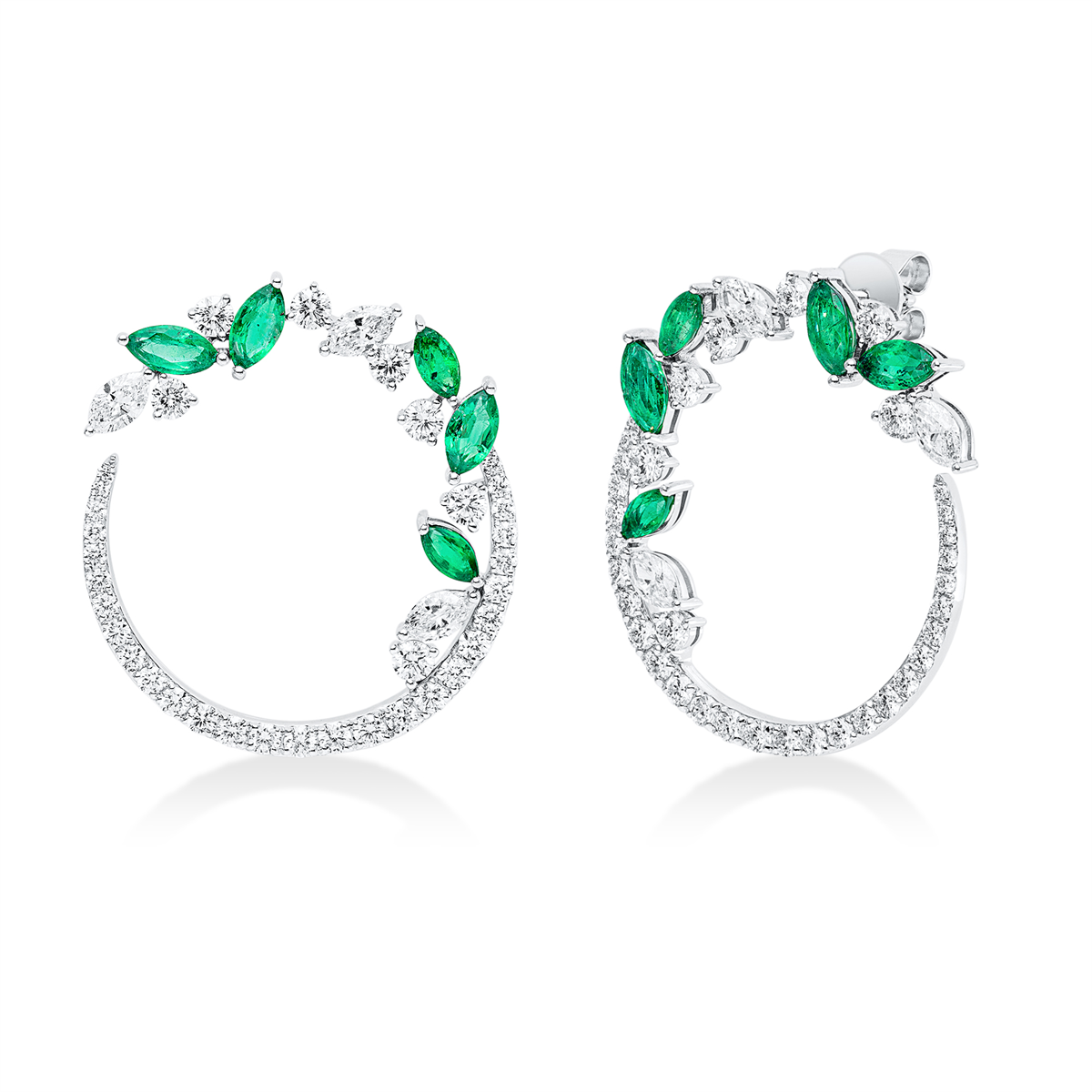 diamond full cut emerald colored stone classic hoops & huggies in white gold