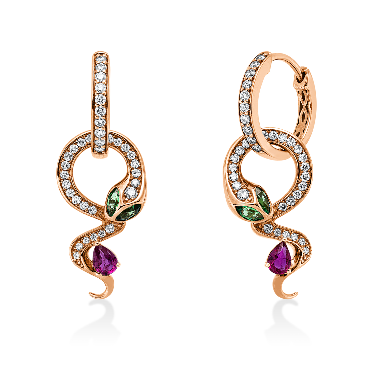 diamond full cut ruby animal earrings in red gold