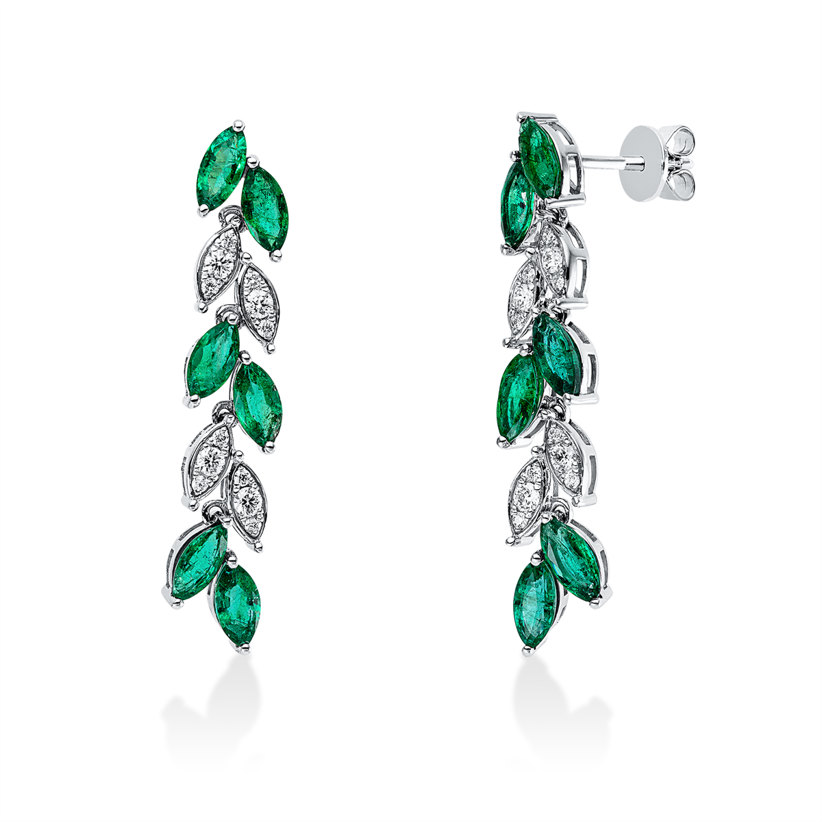 diamond full cut emerald colored stone classic earrings in white gold