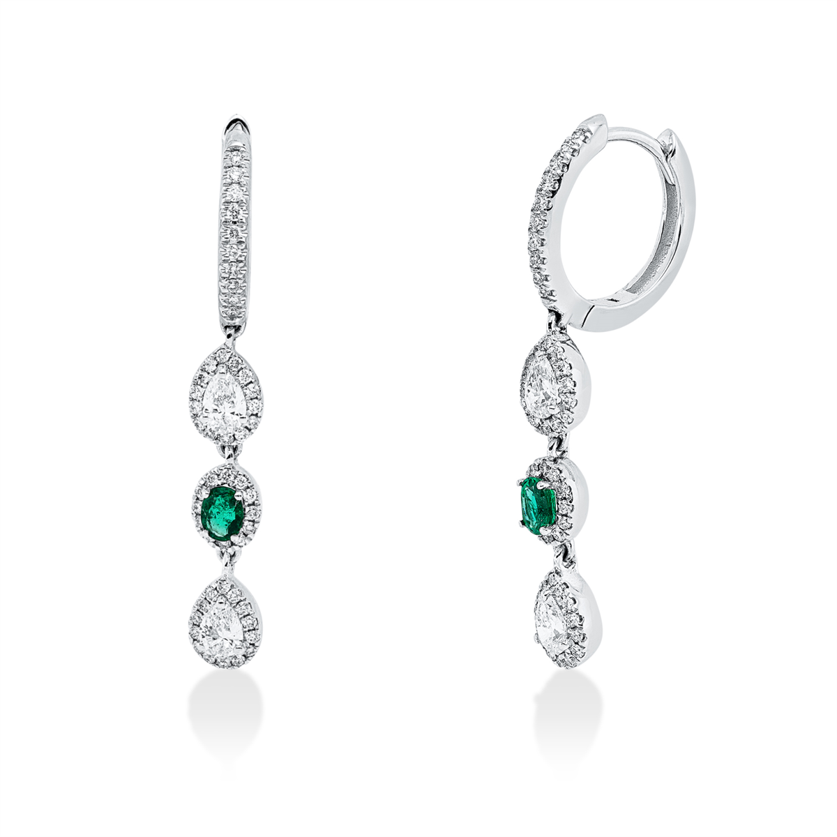pear shape emerald colored stone classic earrings in white gold