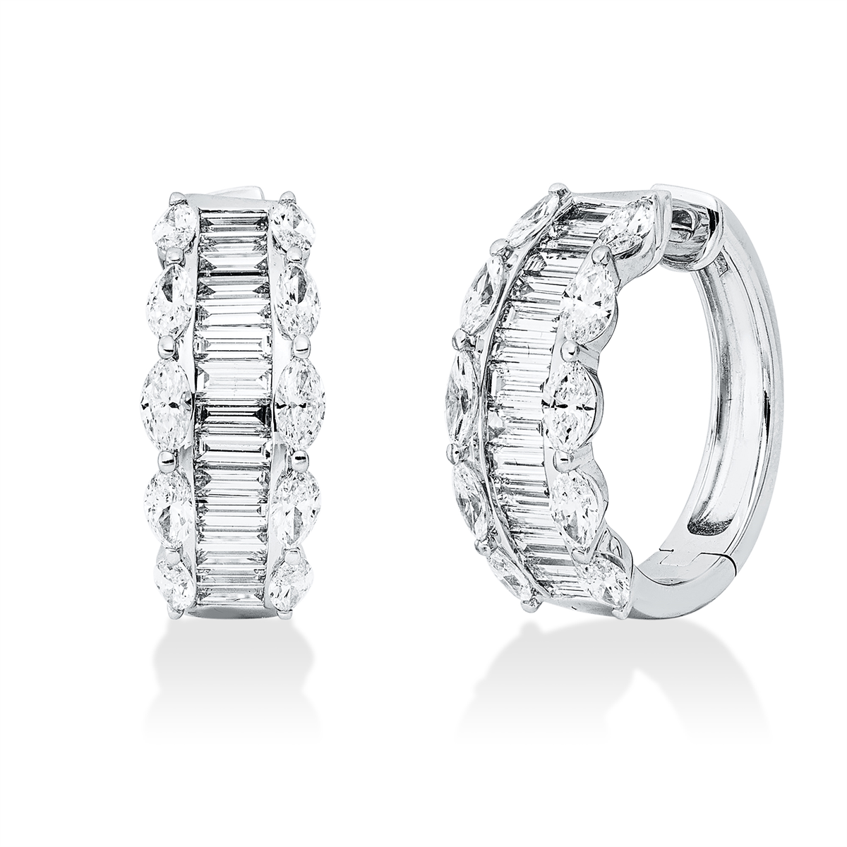 marquise baguette hoops & huggies in white gold
