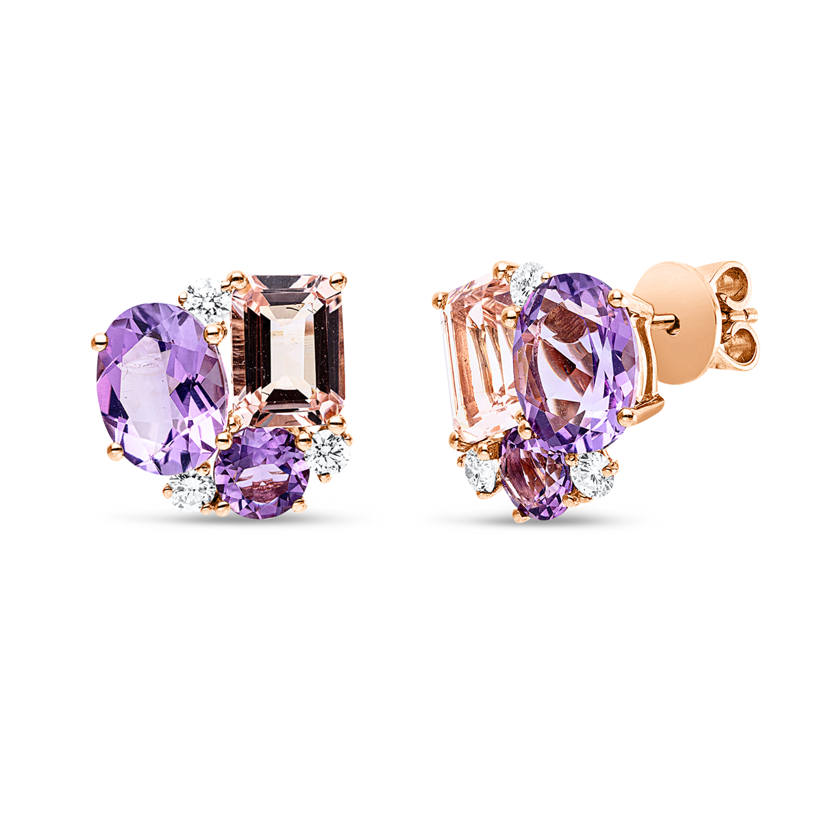 diamond full cut morganite colored stone fashion studs in red gold
