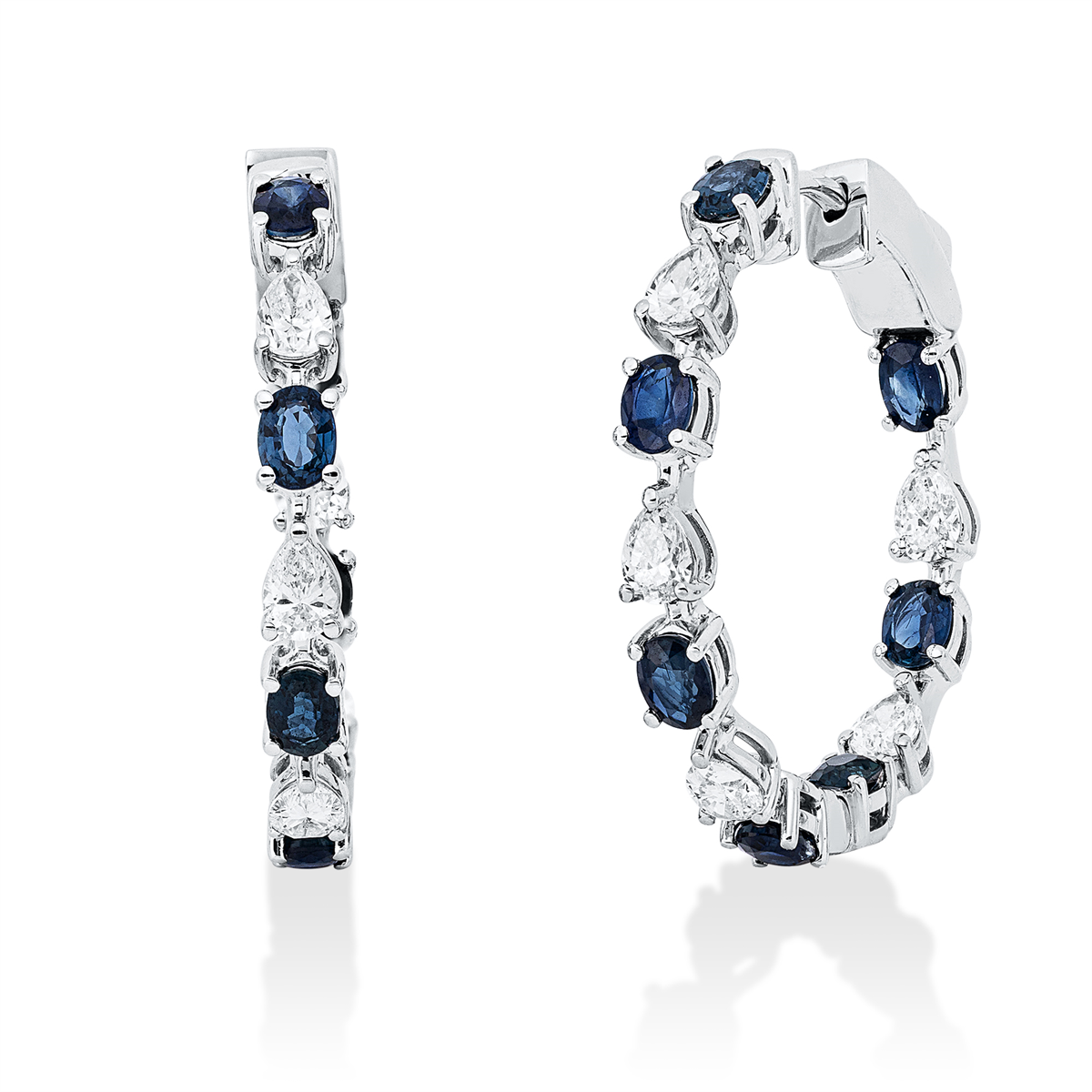 pear shape sapphire colored stone classic hoops & huggies in white gold