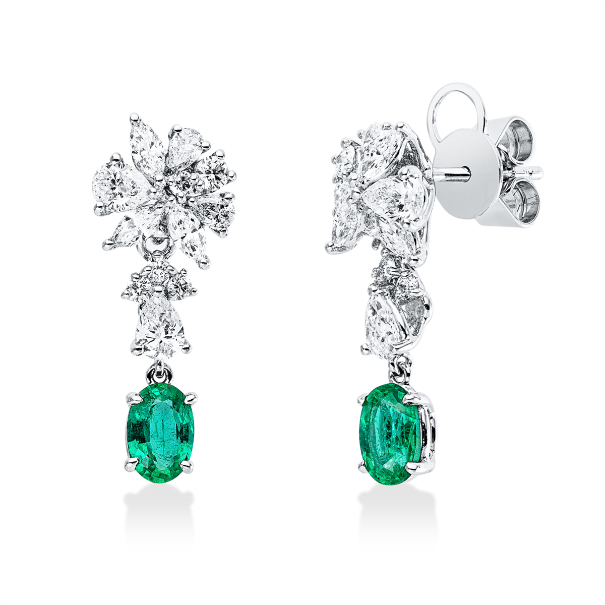 marquise emerald colored stone classic earrings in white gold